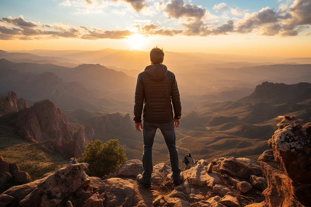 A man stands at peak of a mountain, basking in warm glow of sett