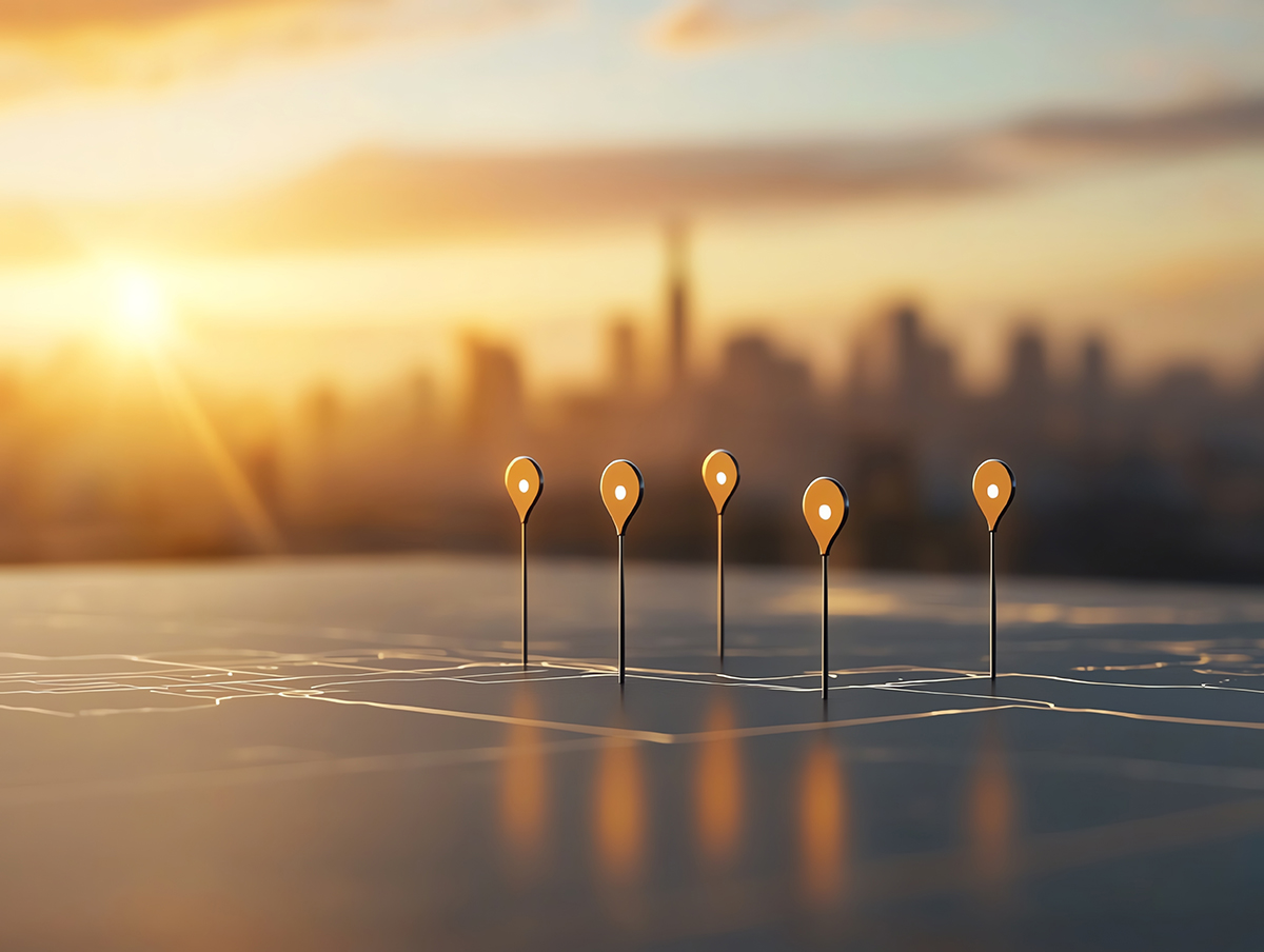 A captivating close-up of location pins on a city map at sunset,